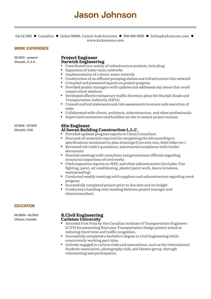 Project Engineer Resume Sample