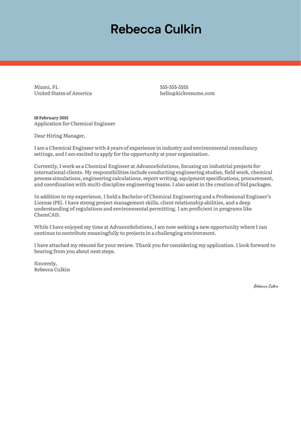 Chemical Engineer Cover Letter Template