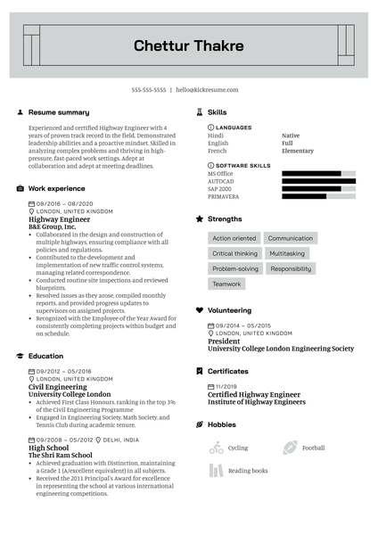 Highway Engineer Resume Example