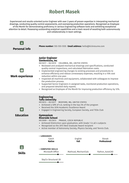 Junior Engineer Resume Sample