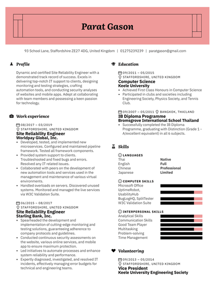 Site Reliability Engineer Resume Example