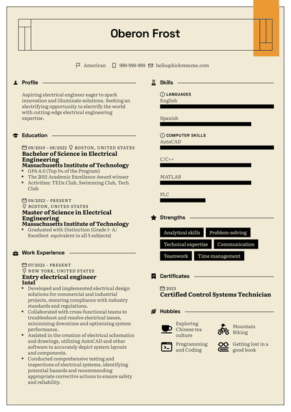 Entry Electrical Engineer Resume Sample