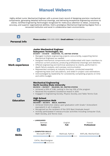 Junior Mechanical Engineer Resume Sample