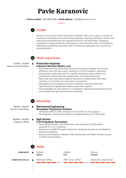 Production Engineer Resume Sample