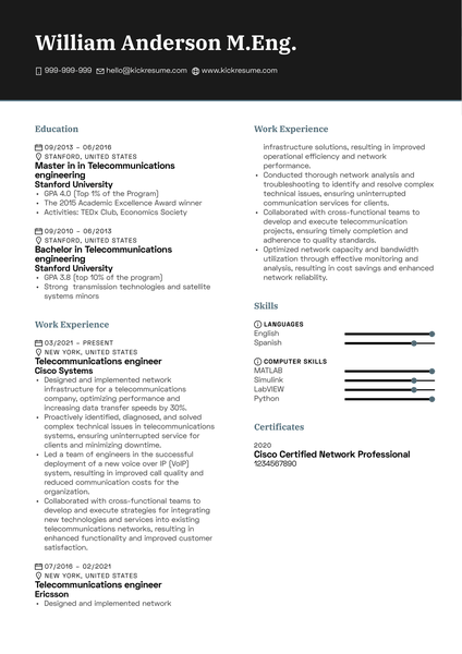 Telecommunications engineer Resume Sample