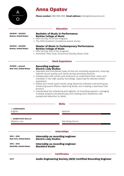 Recording Engineer Resume Sample