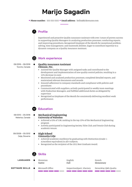 Quality Assurance Assistant Resume Example