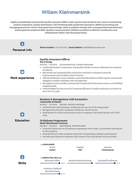 Quality Assurance Officer Resume Example