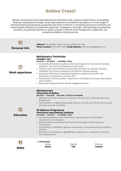 Maintenance Technician Resume Example