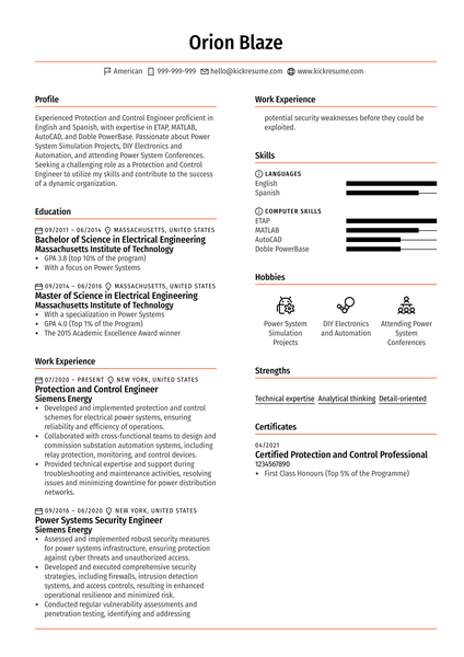 Protection and Control Engineer Resume Sample