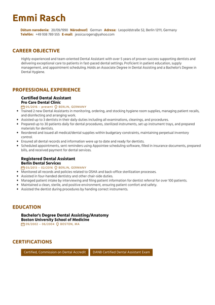 Dental Assistant CV Sample