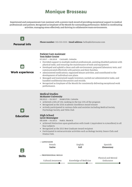 Care Assistant Resume Sample