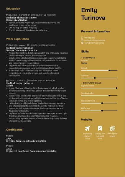 Medical Transcriptionist Resume Sample