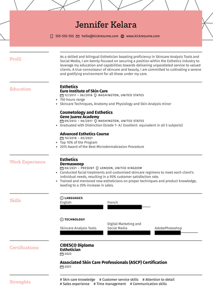 Esthetics Resume Sample