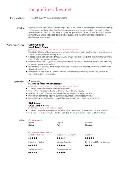 Cosmetologist Resume Example