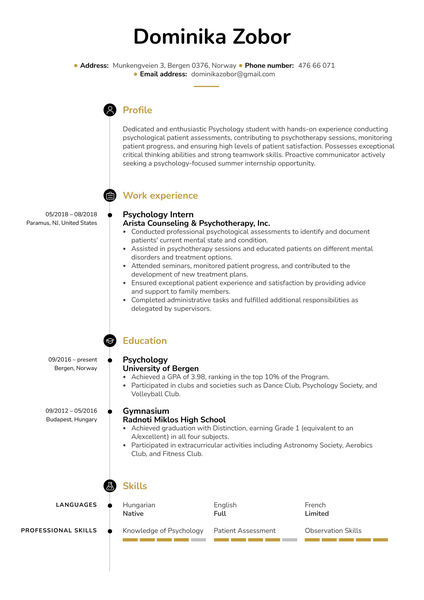 Psychology Intern Resume Sample