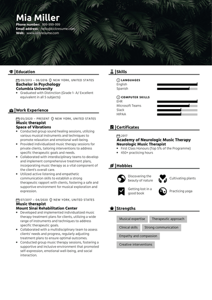 Music therapist Resume Sample