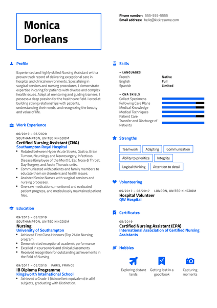 Certified Nursing Assistant Resume Sample