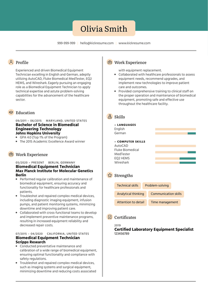 Biomedical Equipment Technician Resume Sample