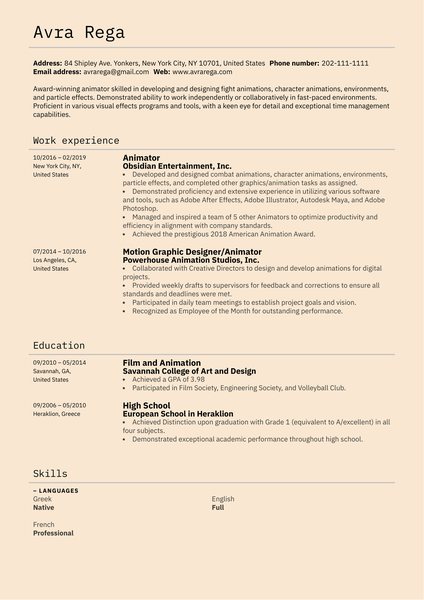 Animator Resume Example