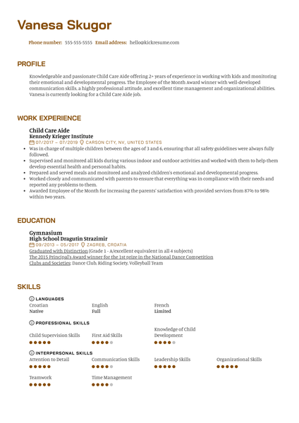 Child Care Aide Resume Sample