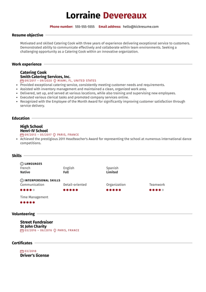 Catering Cook Resume Sample