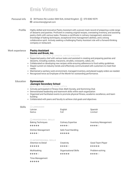 Pastry Assistant Resume Sample