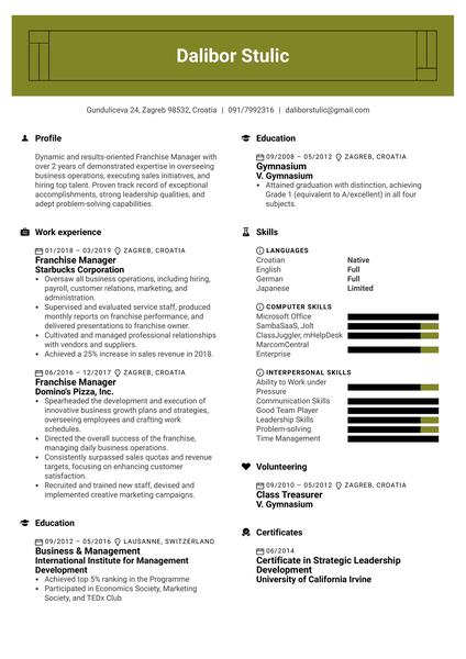 Franchise Manager Resume Sample