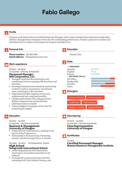 Personnel Manager Resume Example