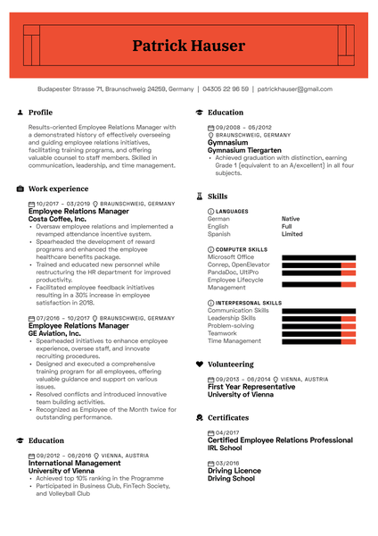 Employee Relations Manager Resume Sample