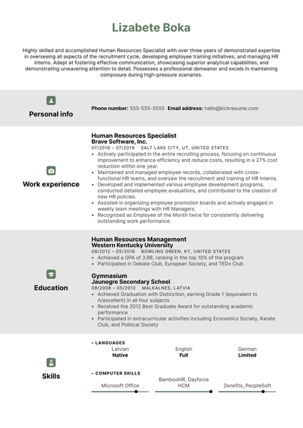 Human Resources Specialist Resume Example