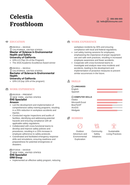 Environmental Health and Safety Specialist Resume Sample