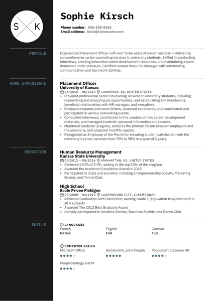 Placement Officer Resume Example