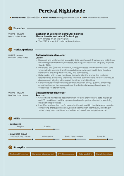 Datawarehouse Developer Resume Sample