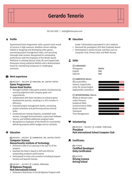 Game Programmer Resume Example