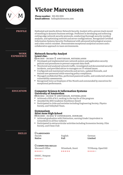 Network Security Analyst Resume Example