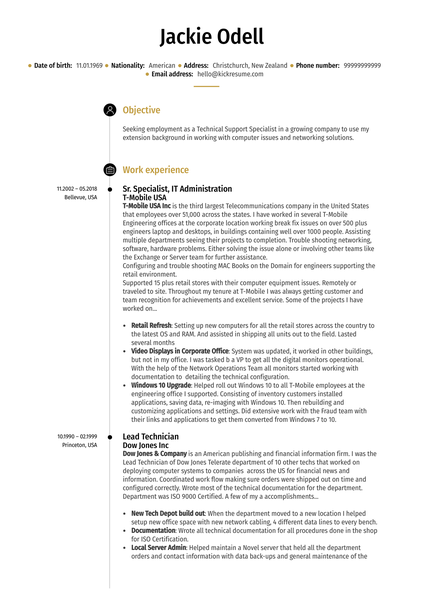 Sr. Technical Support Specialist Resume Template