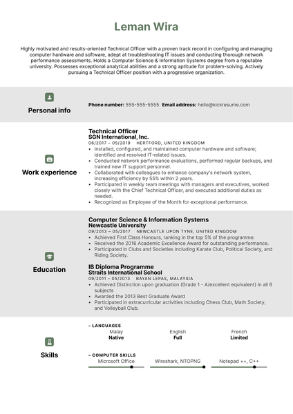 Technical Officer Resume Sample