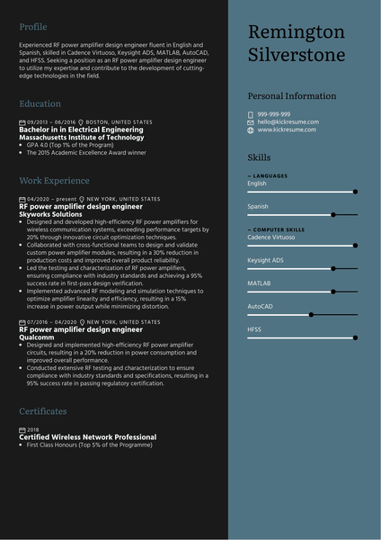 RF Power Amplifier Design Engineer Resume Sample