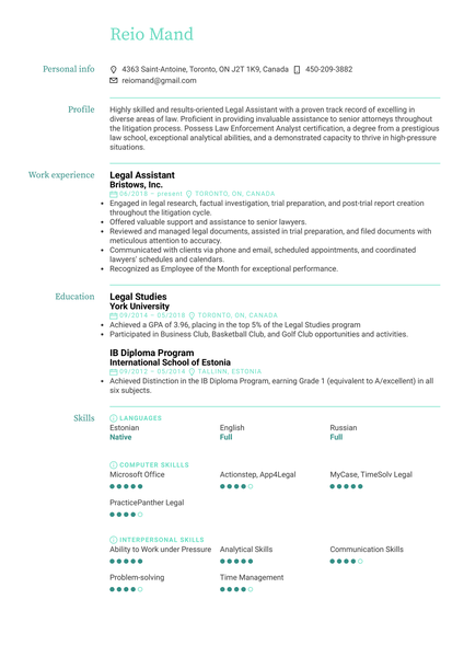 Legal Assistant Resume Example