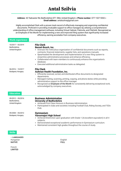 File Clerk Resume Example