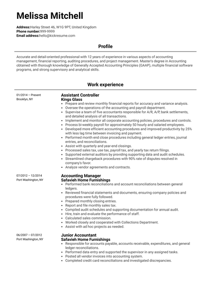 Controller at Kings Glass Resume Sample