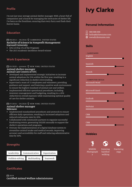 Animal Shelter Manager Resume Sample