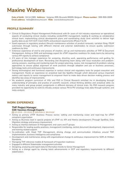 GlaxoSmithKline Manager Resume Example