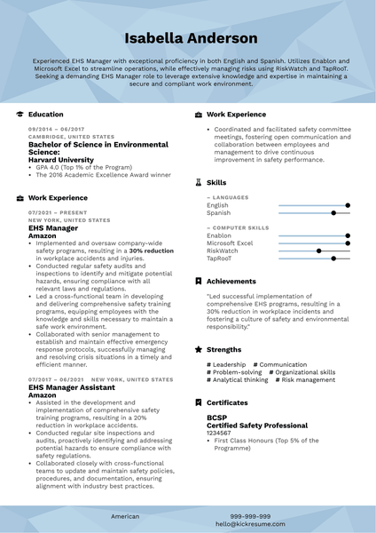 EHS Manager Resume Sample