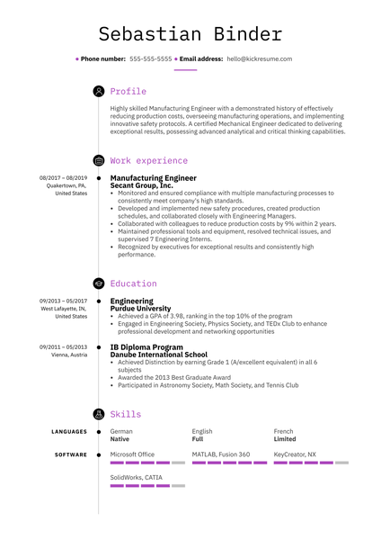 Manufacturing Engineer Resume Example