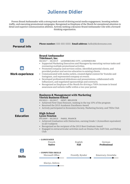 Brand Ambassador Resume Example