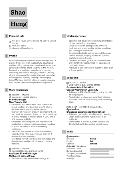 Brand Manager Resume Example