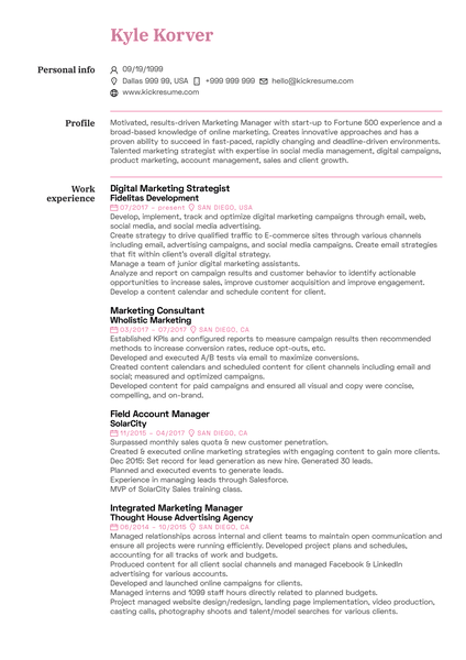 Marketing Strategist Resume Example