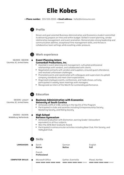 Event Planning Intern Resume Example